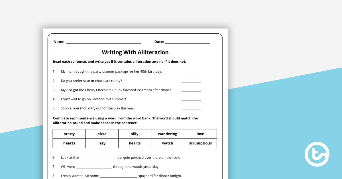 Preview image for Writing with Alliteration Worksheet - teaching resource