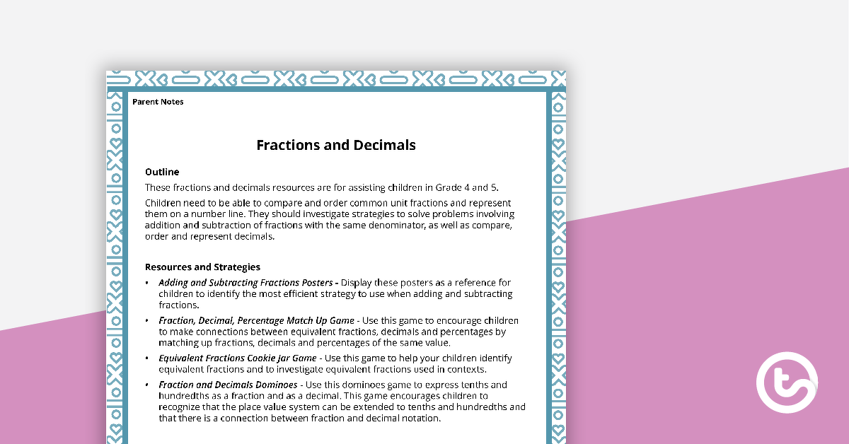 Preview image for Math Activity Ideas for Parents - Fractions and Decimals - teaching resource