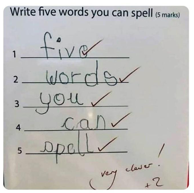 Funny kid test answer write five words you can spell