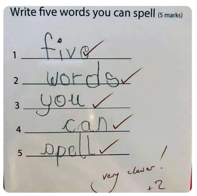 Funny Kid Test Answer Write Five Words You Can Spell 