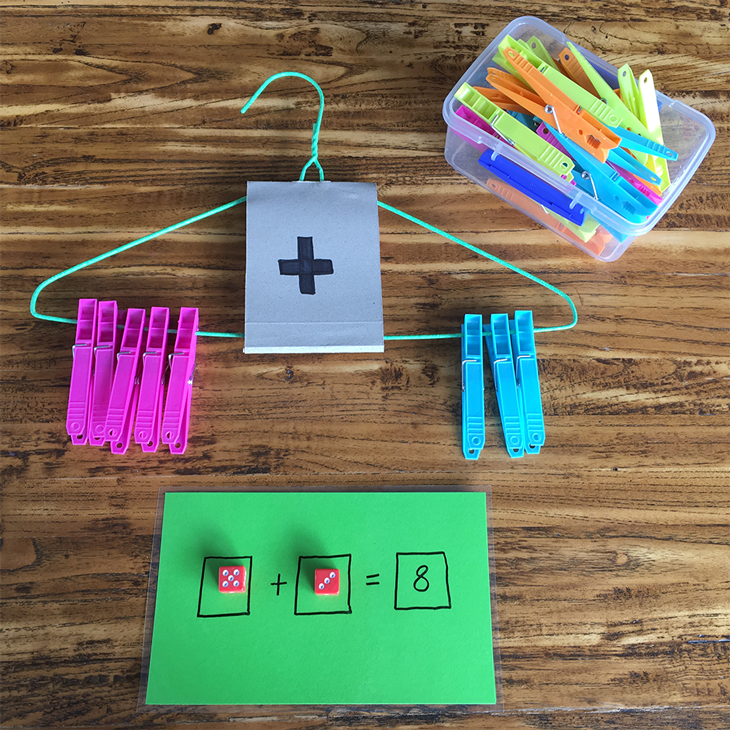 addition activity for kids using hangers and clothespins