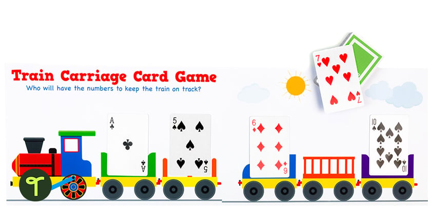 a train card game with illustrated trains and playing cards propped on top of it