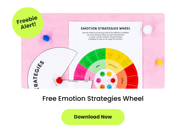 A printed emotion strategies wheel appears on a pink table with text below that reads Free Emotion Strategies Wheel. There's a green circle that reads Freebie Alert! and a green button that reads Download Now