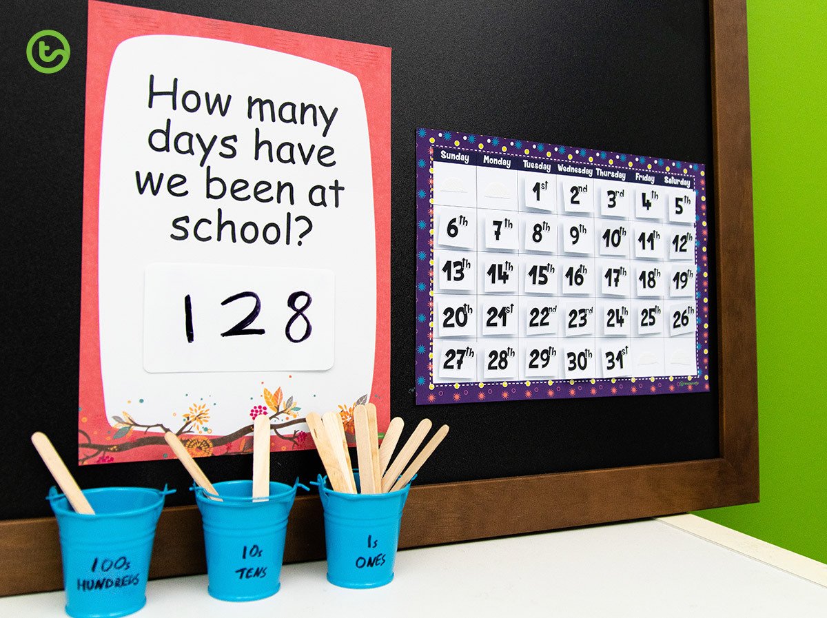 How many days have we been at school poster with paddle pop stick counting cups