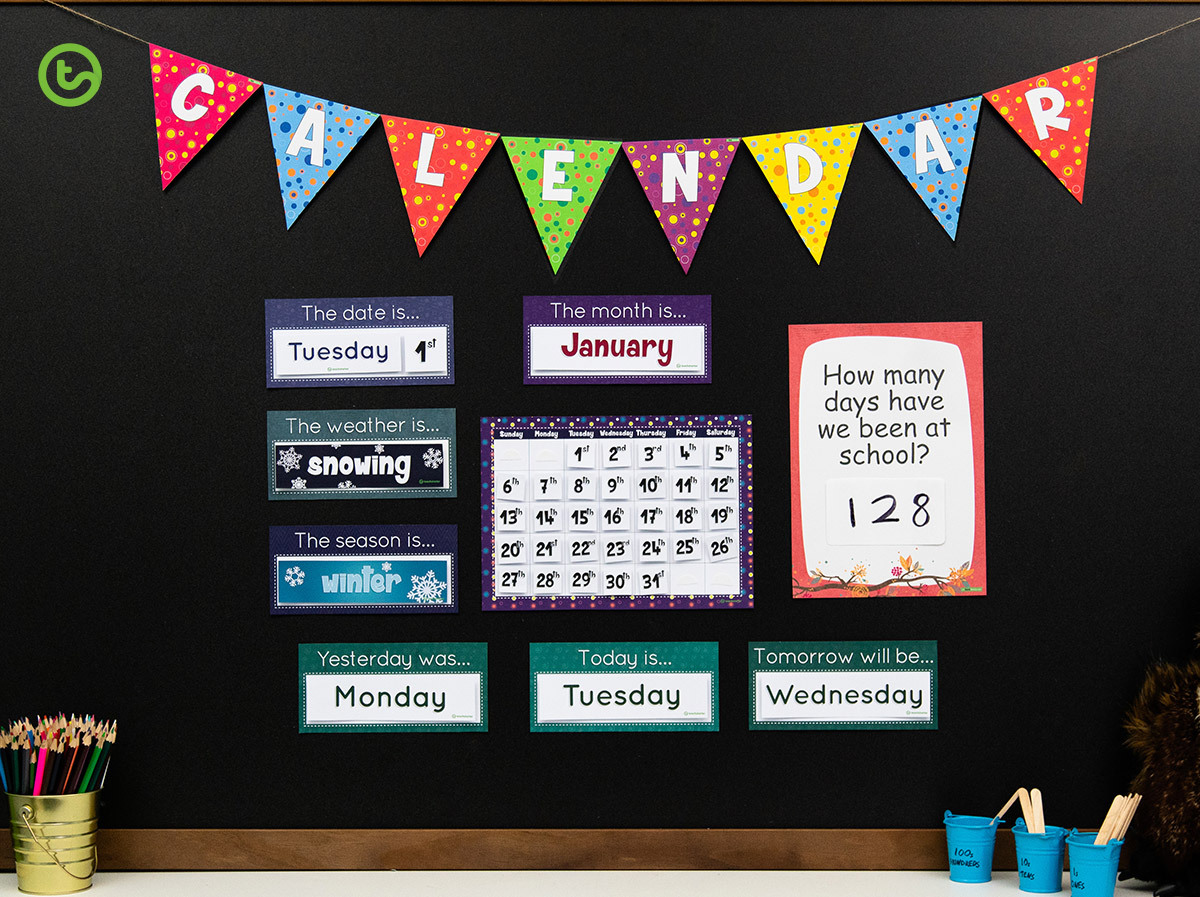 A classroom calendar display