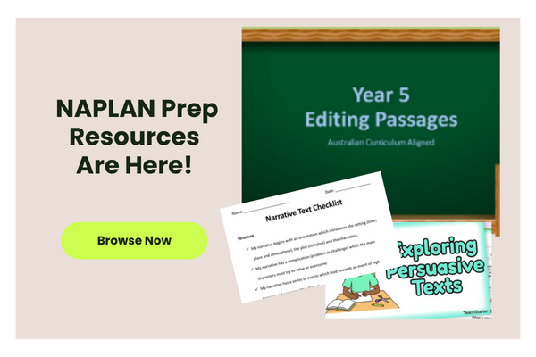 Test reads NAPLAN Prep Resources Are Here! beside images of the teacher resources