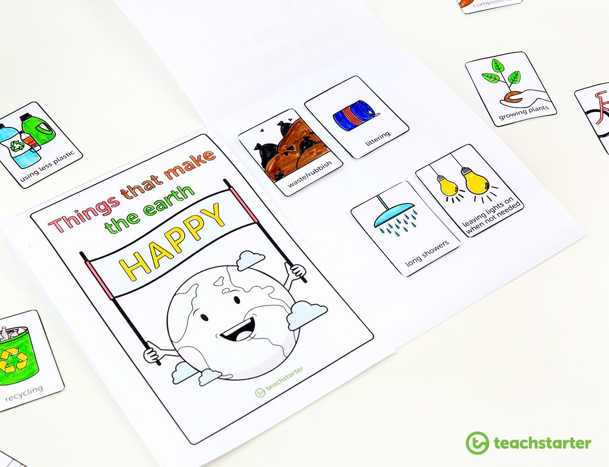 Things that make the earth happy - flip book and colouring activity