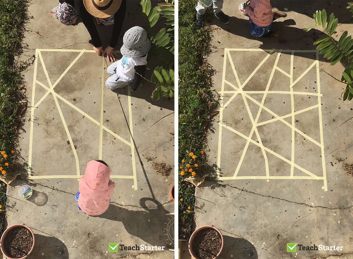 Marking out a line drawing with kids, as an outdoor art activity idea for school teachers and parents