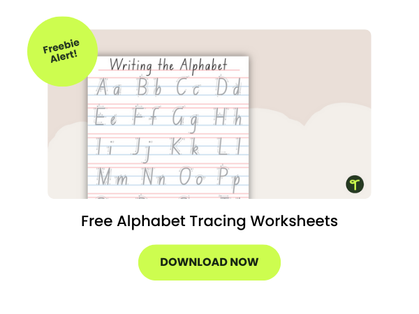 The words Free Alphabet Tracing Worksheets are seen with an image of the worksheets above the text. Below is a green bubble with the words download now
