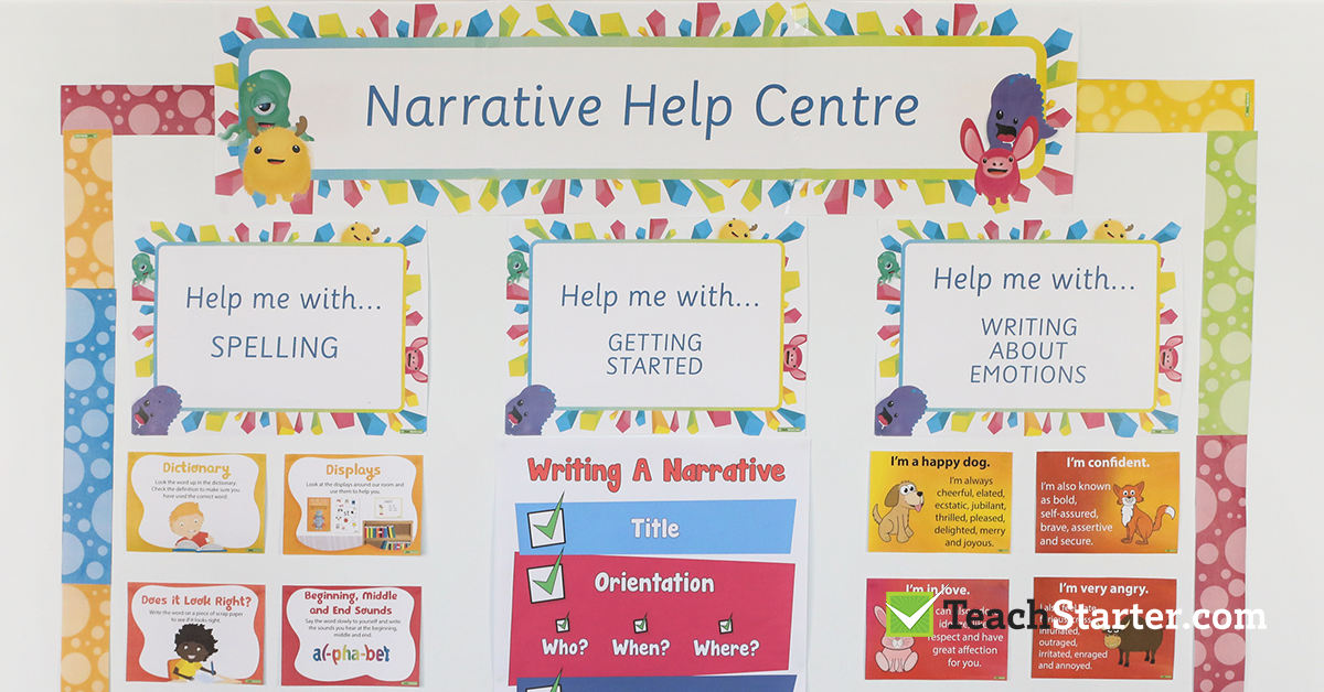 Narrative Writing Help Centre classroom display to help students with spelling, narrative structure and emotion words.