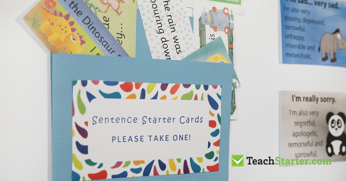 Sentence Starter Cards - displayed in a pocket on a classroom display wall about narrative writing