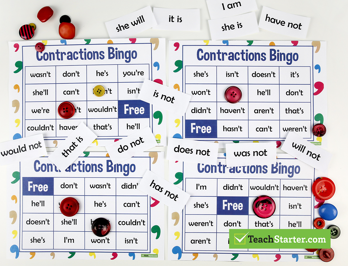 Printable Contractions Bingo Game by Teach Starter
