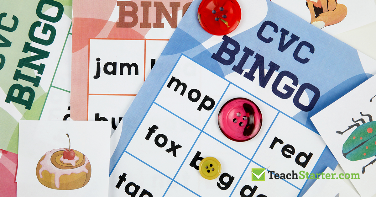 Downloadable CVC words bingo game by Teach Starter