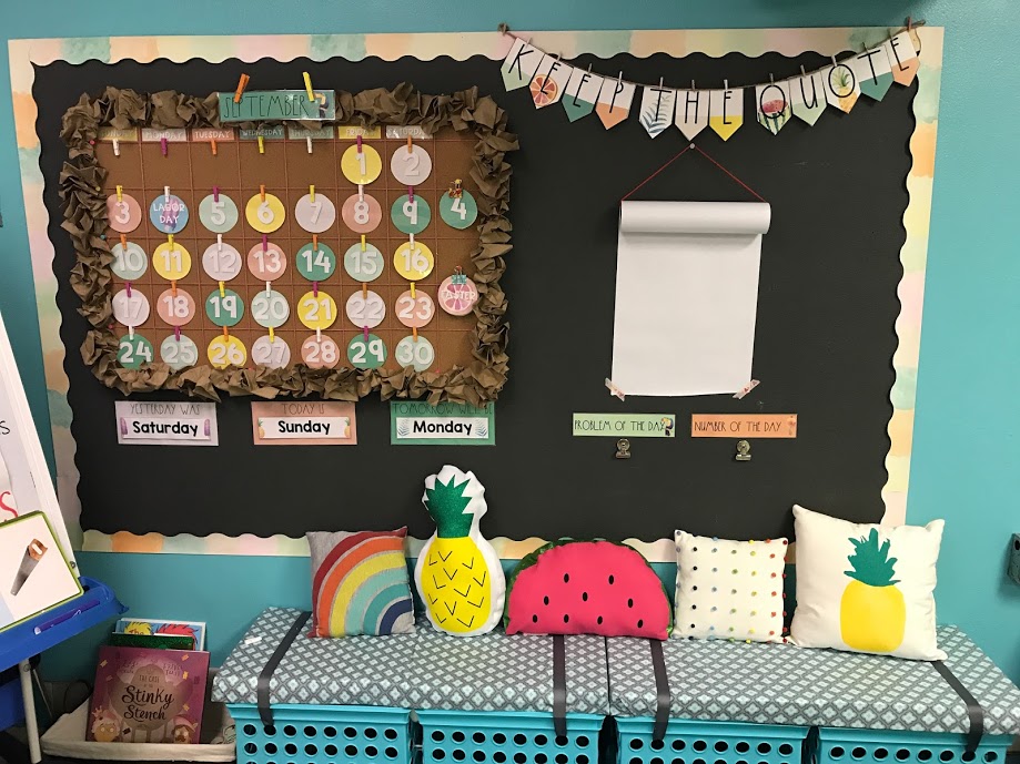 classroom calendar display and quote wall by third grade teacher Allie McMillen