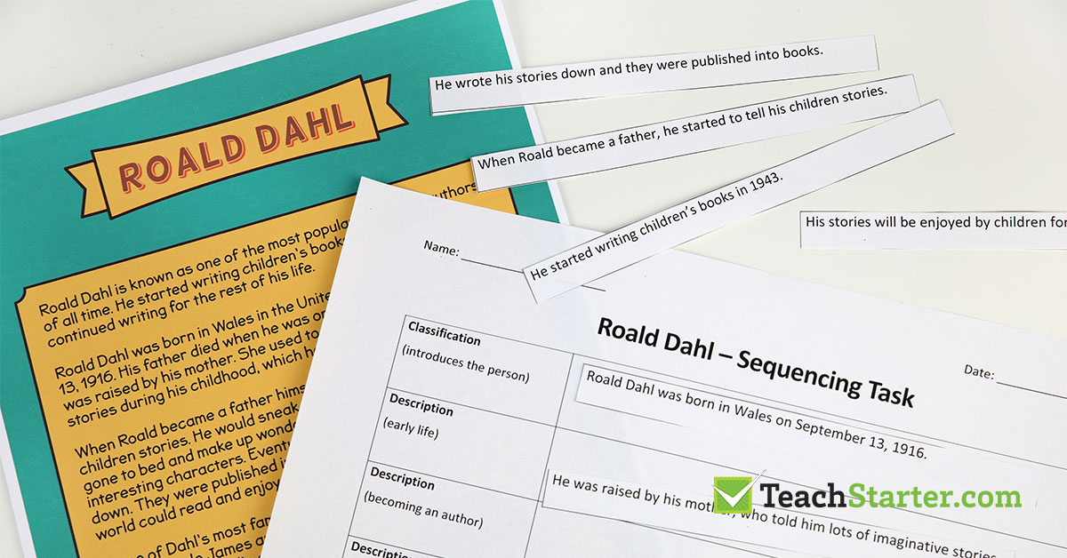 A comprehension sequencing activity about the author Roald Dahl