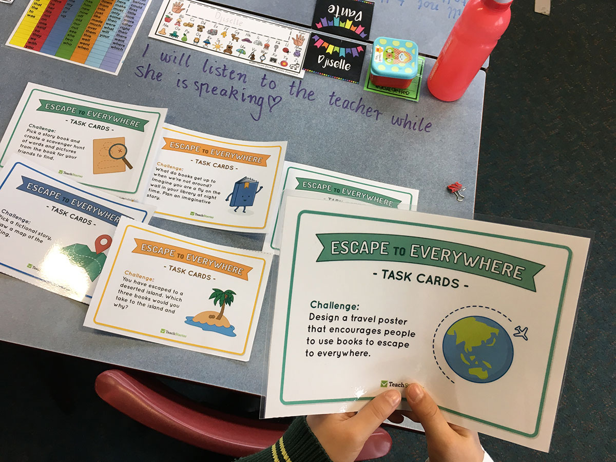 Students using Teach Starter task cards about The Escape Key story