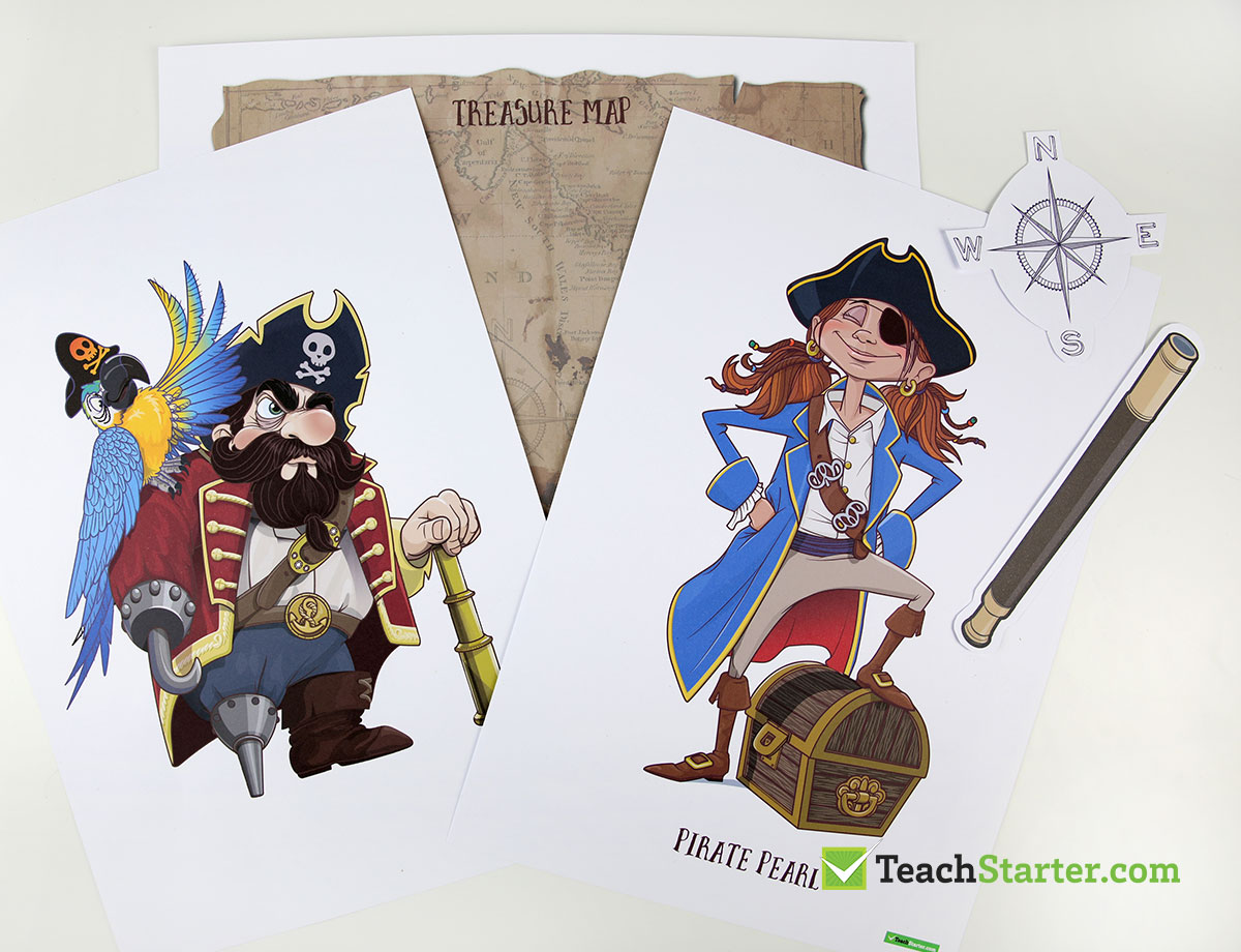 Pirate character posters in colour to use for writing prompt