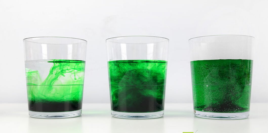 food dye mixing in three glasses of different temperature water