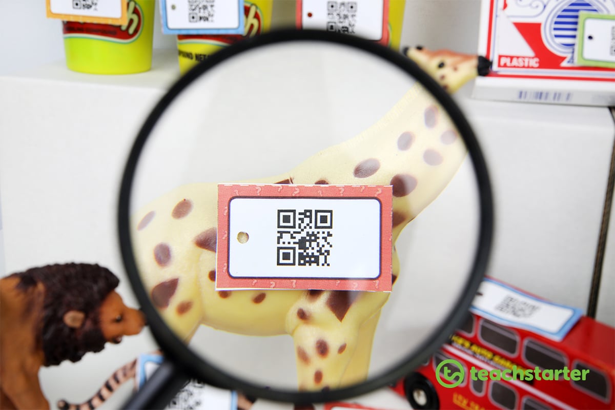 QR Code price tags shown through a magnifying glass
