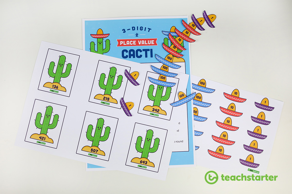 3 digit place value activity - placing number sombreros onto cacti