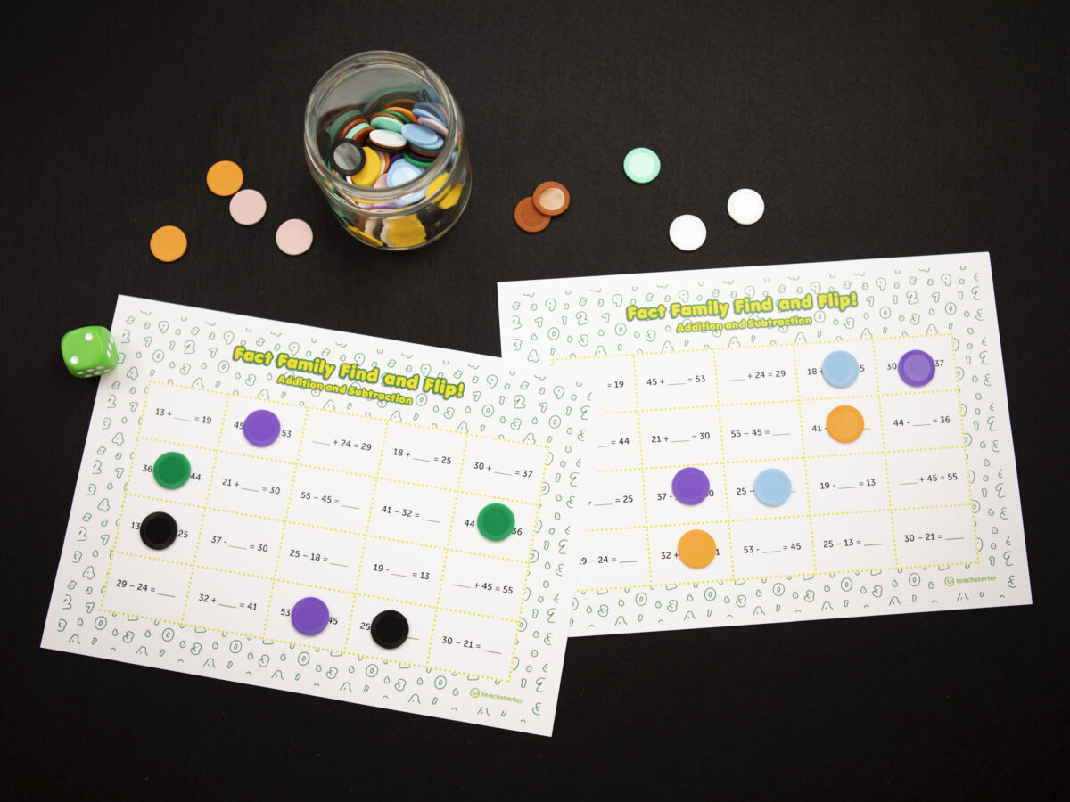 fact family bingo game with counters