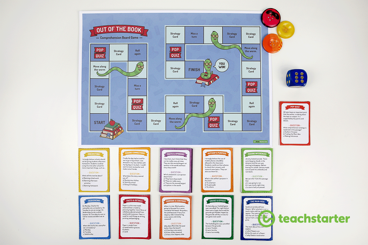 comprehension skills game - board game with comprehension question cards
