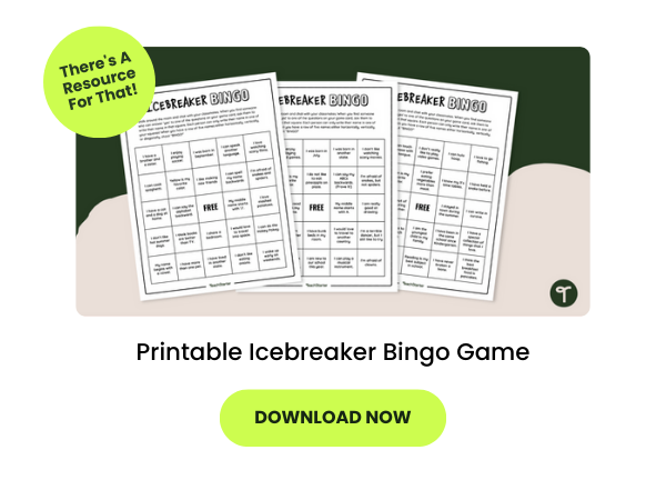 icebreaker bingo game cards are seen fanned out on a green and beige background. there is a green bubble with the words there's a resource for that and another green bubble with the words download now.