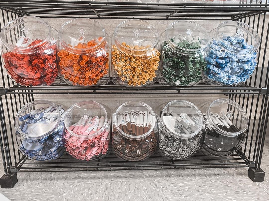 markers in candy jars classroom organization