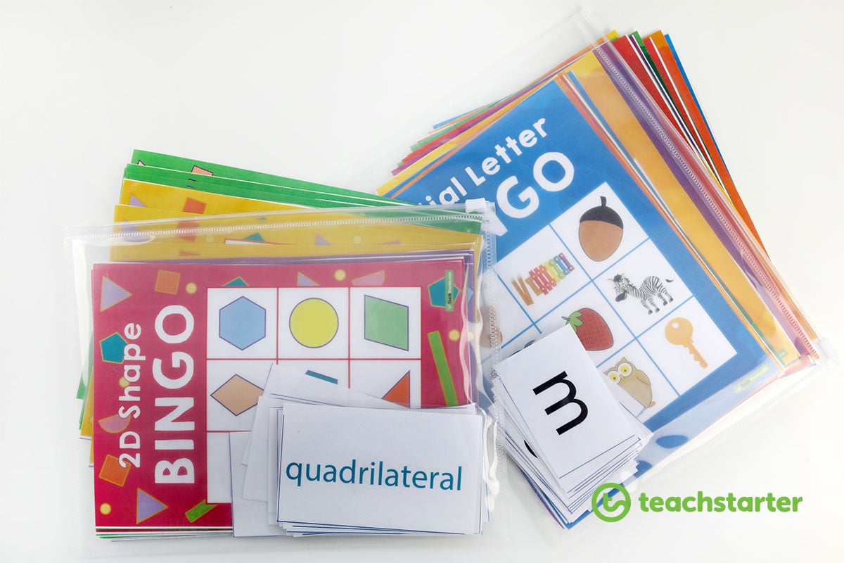 Classroom Bingo Games stored in clear ziplock pouches