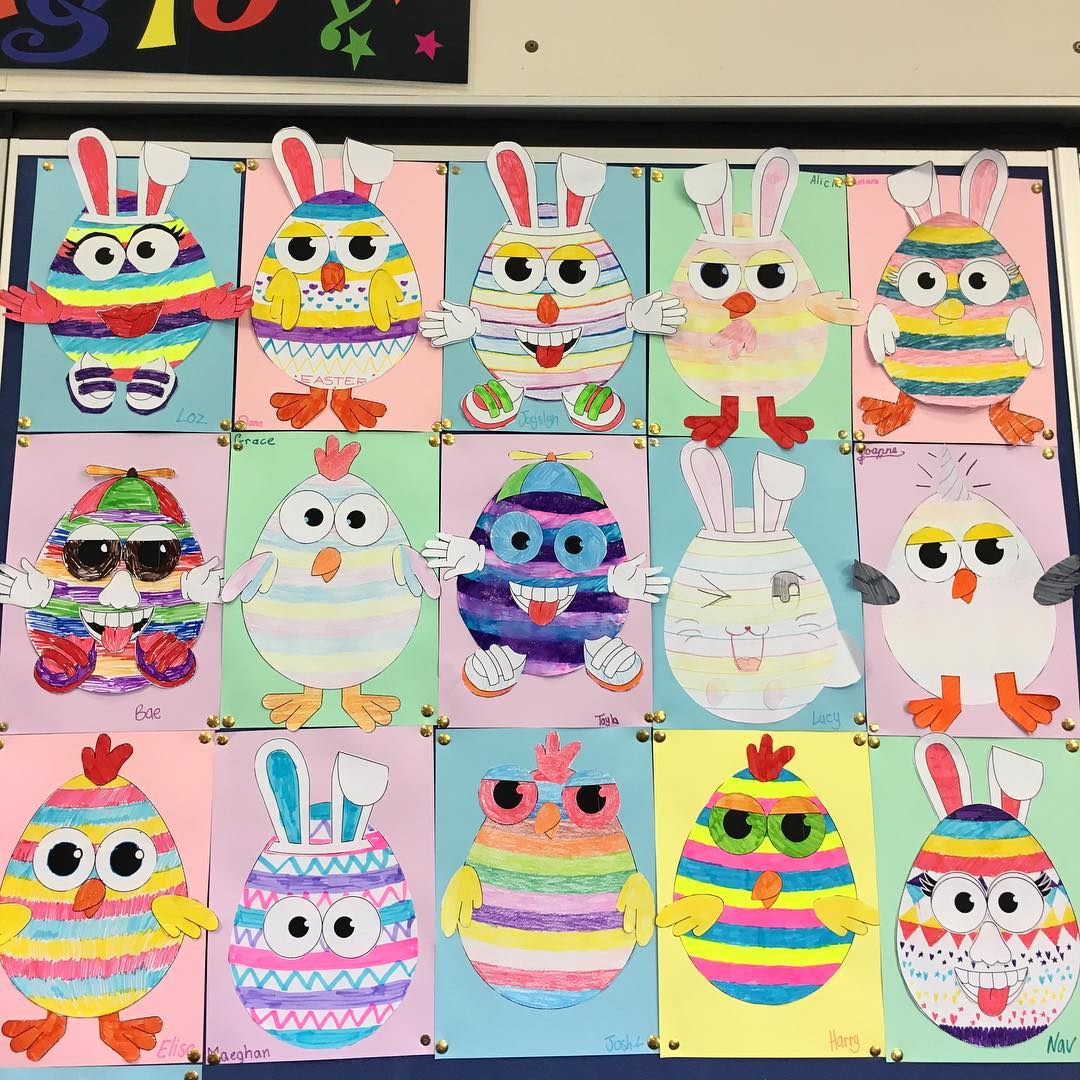 classroom display of easter egg craft by students