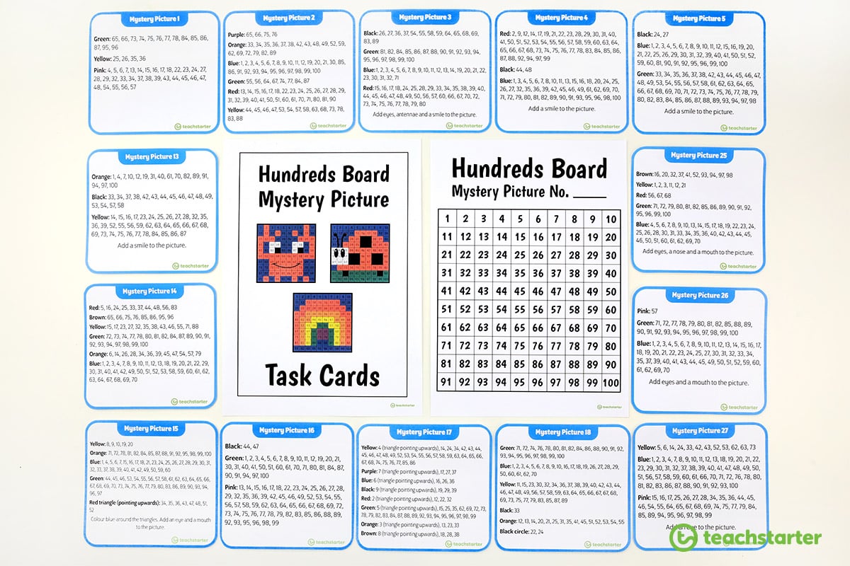 Hundreds Chart Mystery Picture Activity Task Cards and blank hundreds board