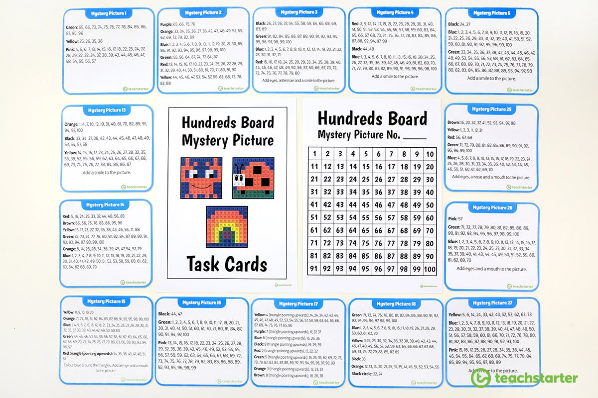 32 Awesome [PRINTABLE] Hundreds Board Mystery Picture Task Cards