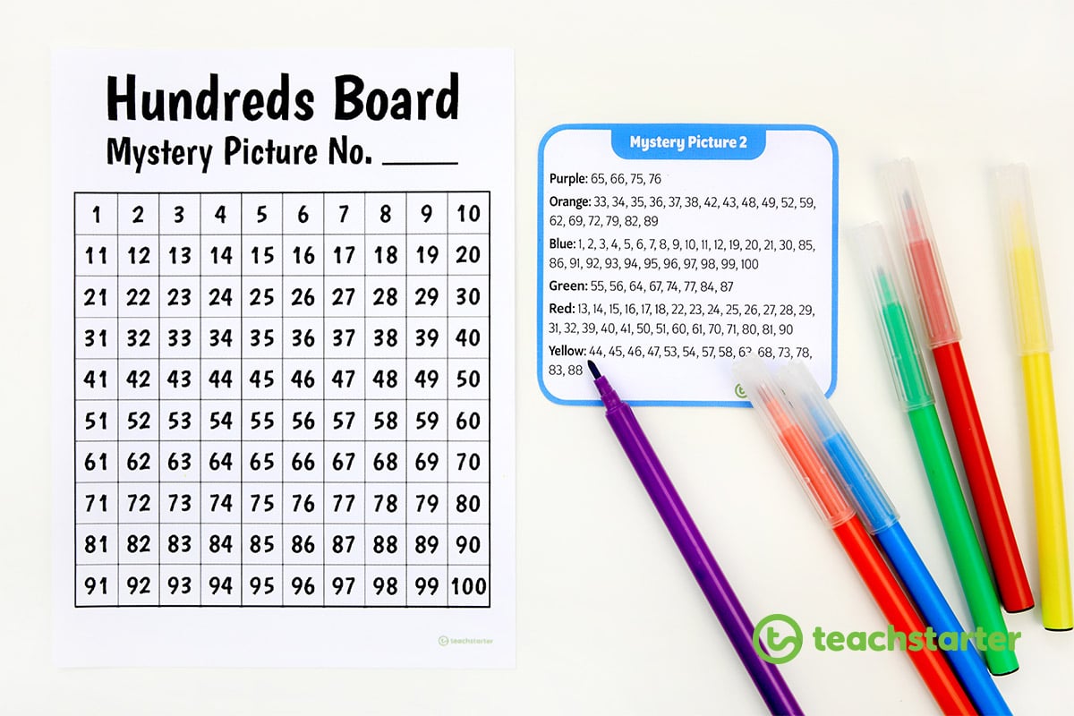 Printable hundreds board and mystery picture task cards