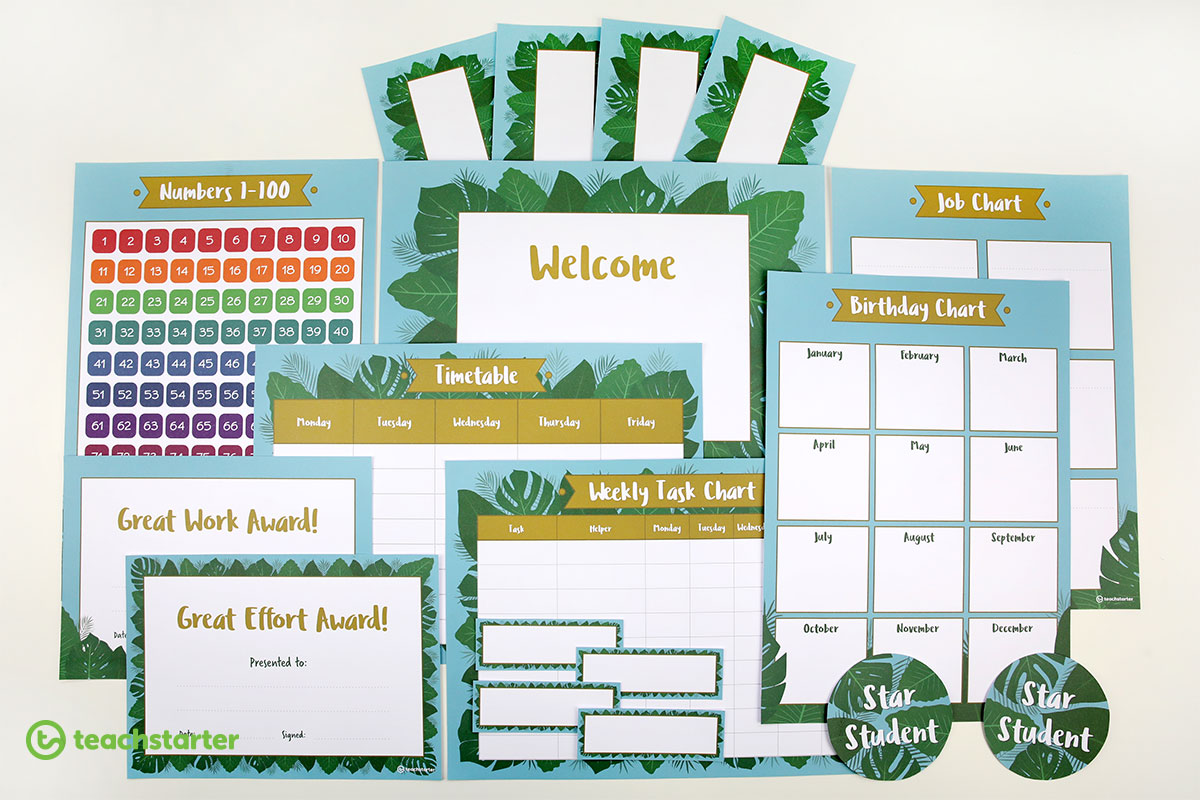 Blue lush leaves classroom theme - printable classroom resources