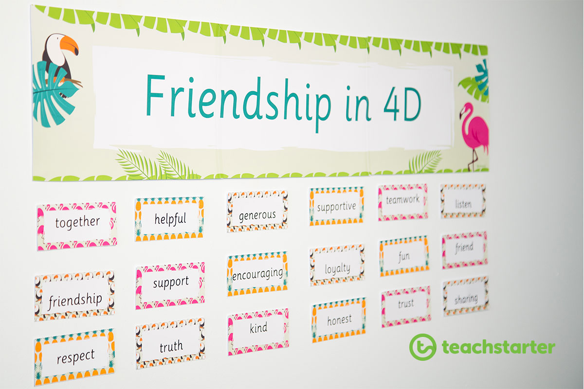 A 'Friendship in 4D' banner with tropical themed word wall cards below the banner.