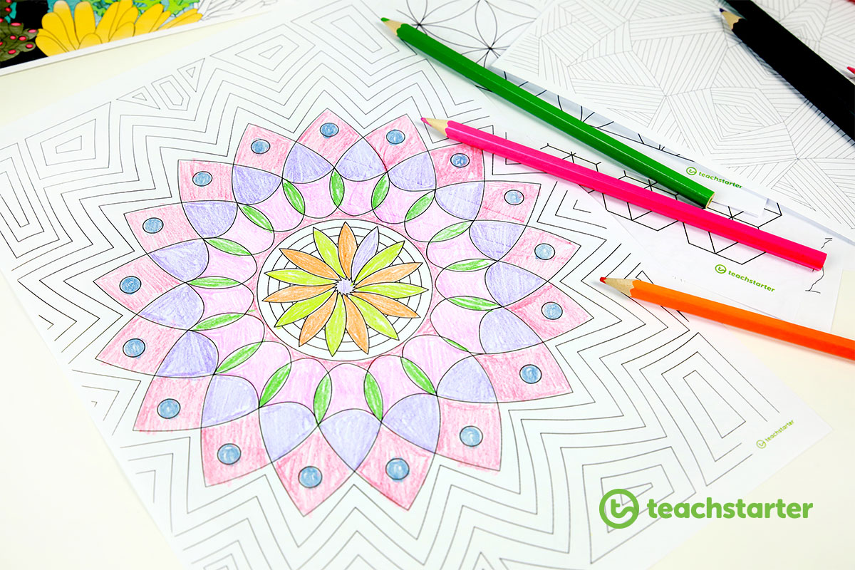a circular mandala-inspired mindfulness colouring sheet 
