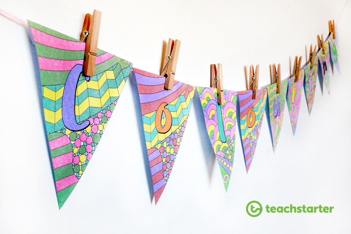mindfulness colouring letter bunting flags spelling out the word 