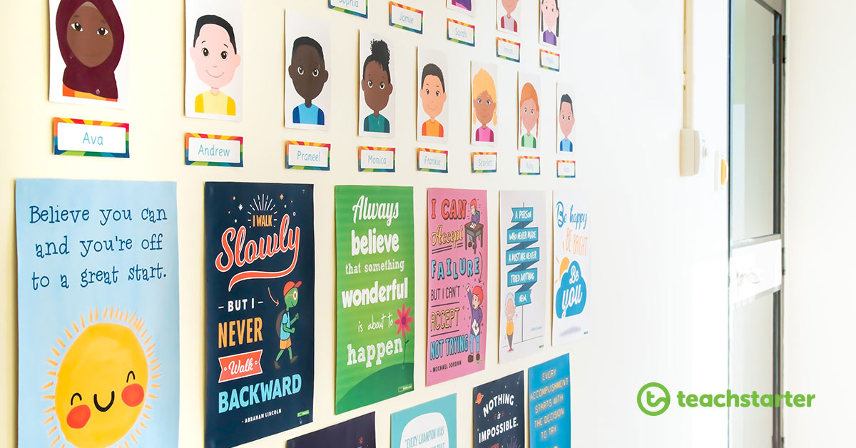 printable positivity posters for the classroom on a wall with student avatars above