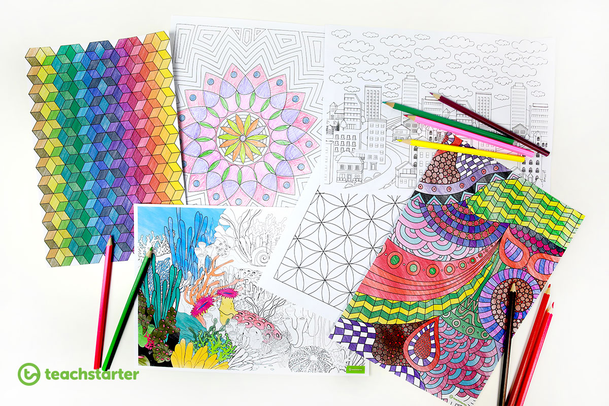 a selection of printable mindfulness colouring sheets with a few pencils laying around