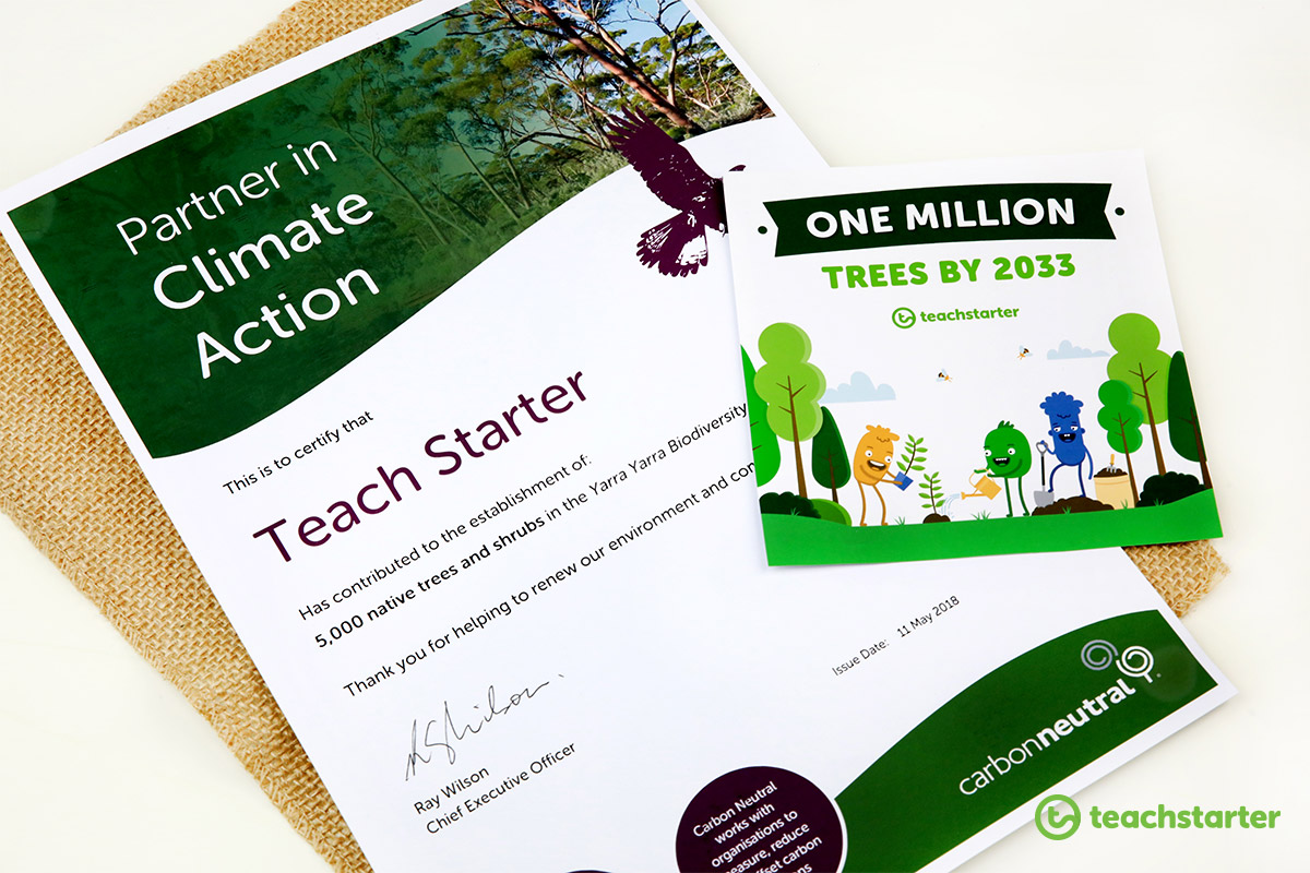 Teach Starter certificate for planting trees in the Yarra Yarra with Carbon Neutral