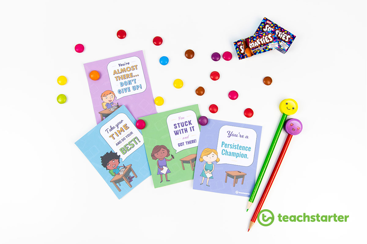 smarties and pencils with testing encouragement certificates
