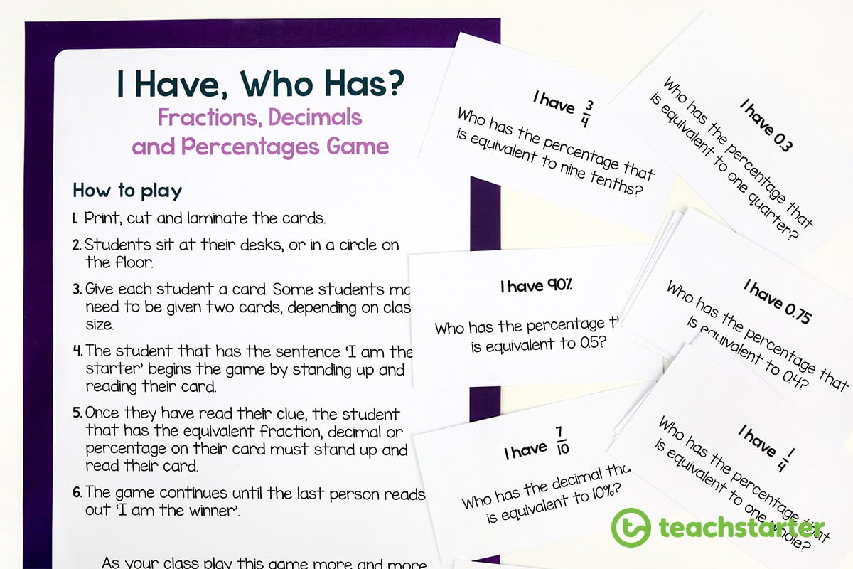 I Have, Who Has? Game - Fraction, Decimal and Percentage Equivalence