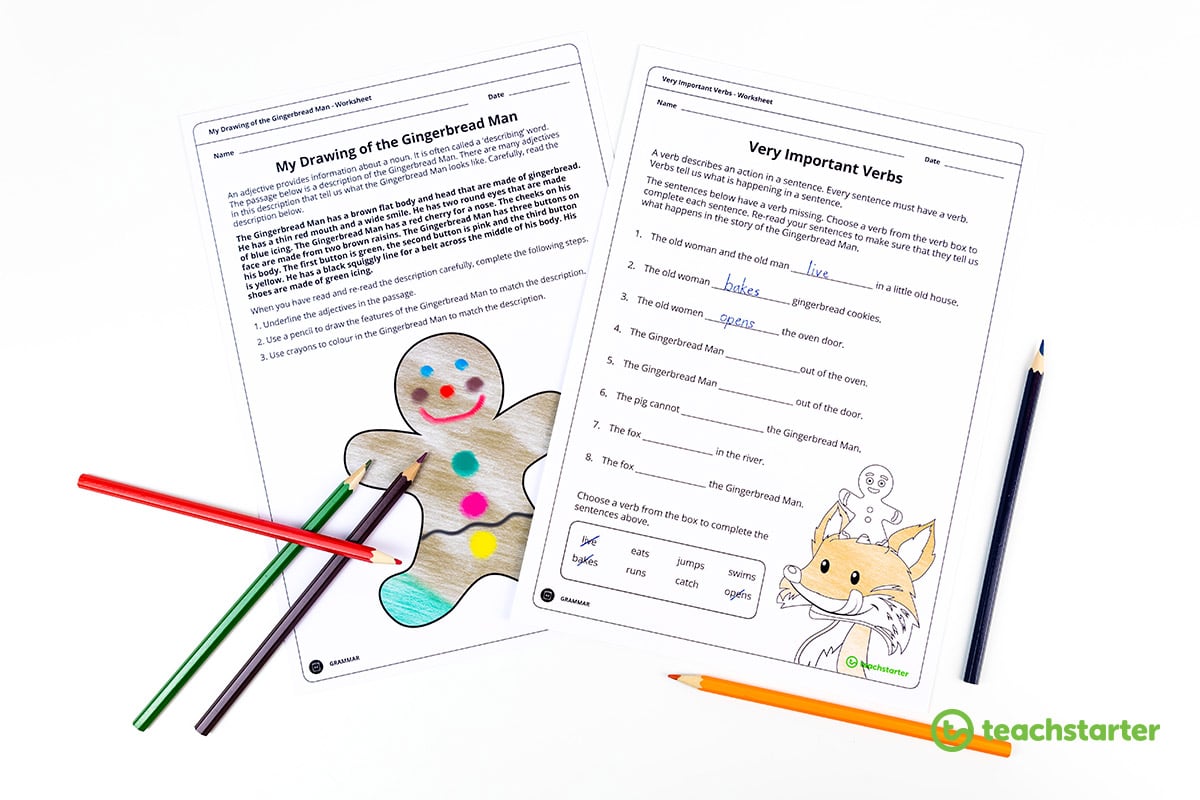 gingerbread man drawing adjectives worksheet and verbs worksheet