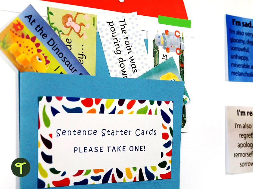 Sentence starter cards in pouch, classroom display - Teach Starter
