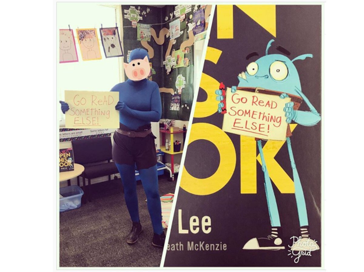 A woman dressed in a blue costume for Book Week