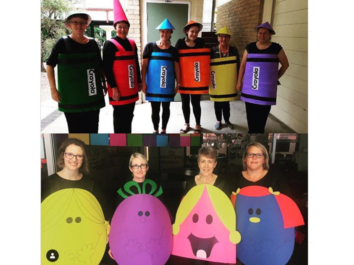 A group of teachers dressed up as colourful crayons for Book Week