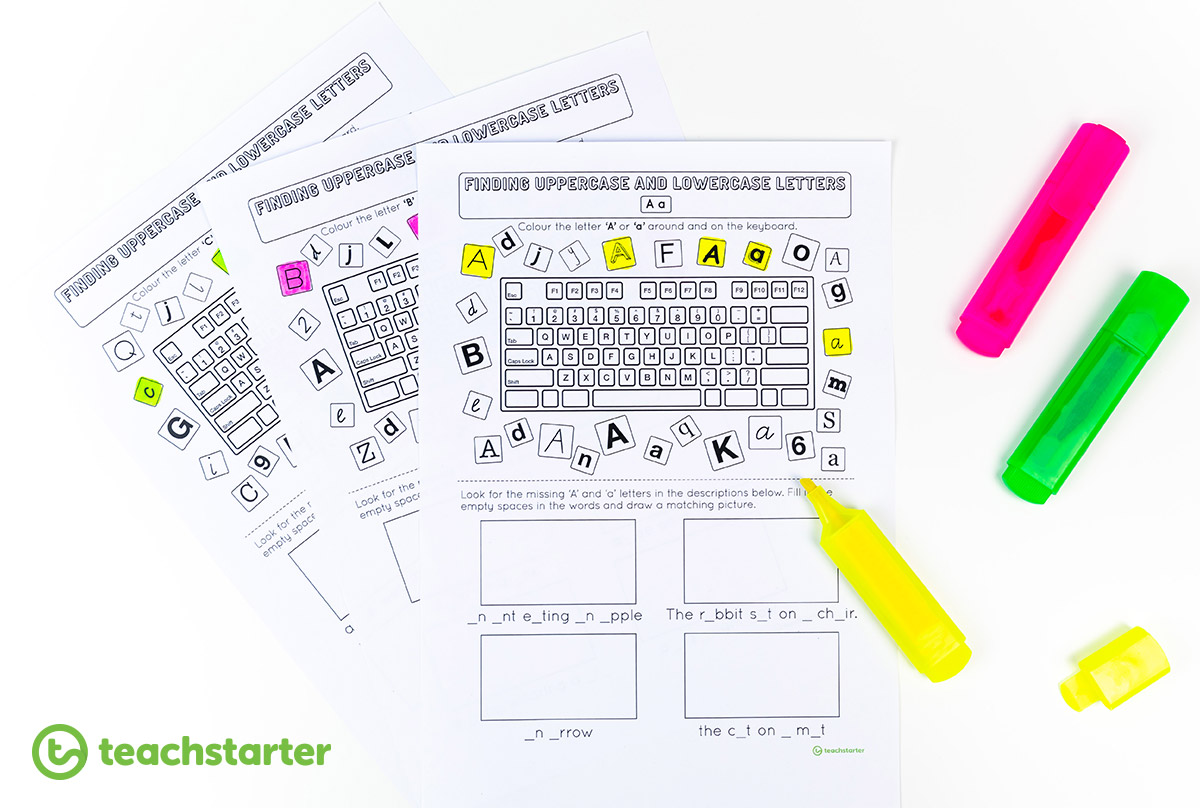 Recognising Uppercase and Lowercase Letters on a Keyboard Worksheet