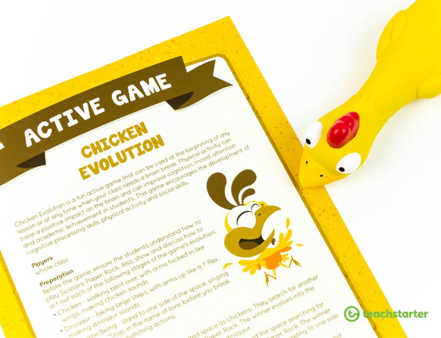 chicken evolution active game for kids instructions written on a sheet with rubber chicken beside it