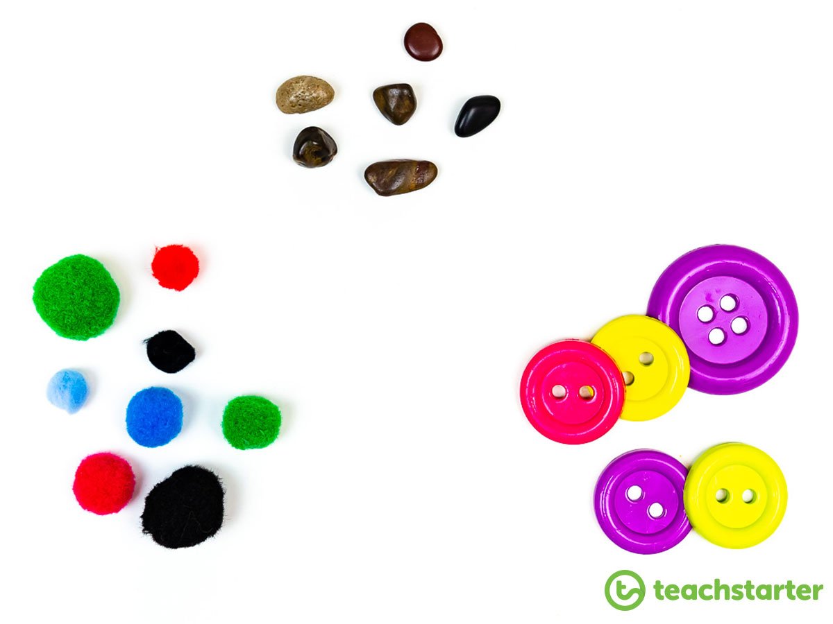 rocks, pom-poms, buttons, and other counters used by teachers and students for subitizing activities