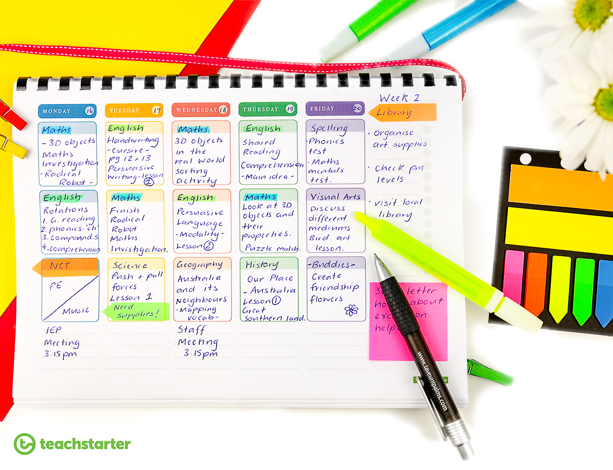 Downloadable Teacher Planner Planning Marking Teaching Desk Highlighters 